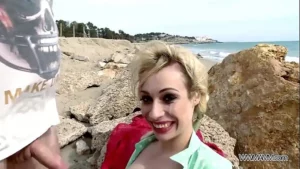 Wild beach fuck with busty blonde eating sperm